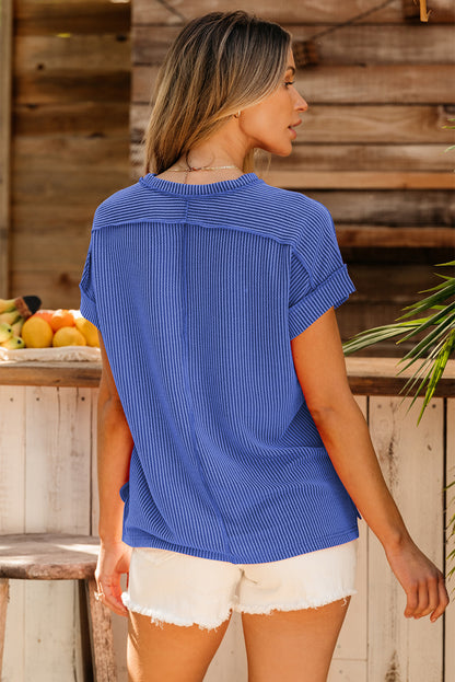 Medium Grey Textured Knit Exposed Stitching T-shirt