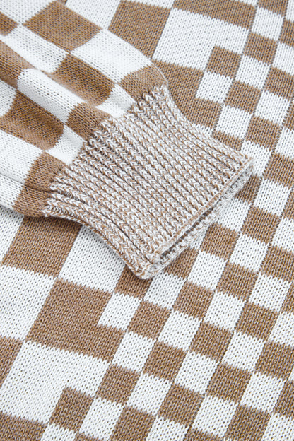 Black Plus Size Checkered Bubble Sleeve Drop Shoulder Open Cardigan