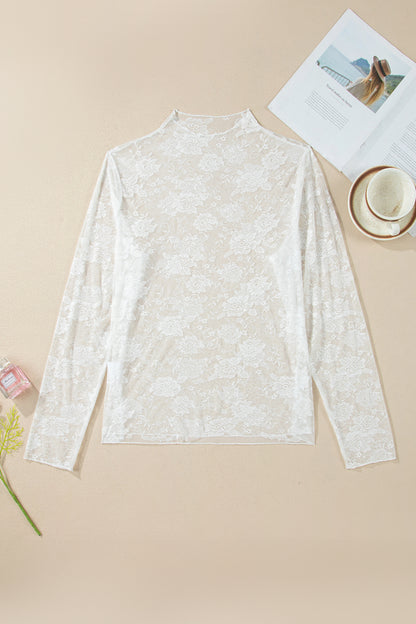 Black Plus Size Floral Mesh Long Sleeve Top