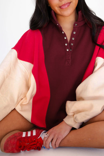 Fiery Red Color Block Patchwork Snap Button Oversize Hoodie