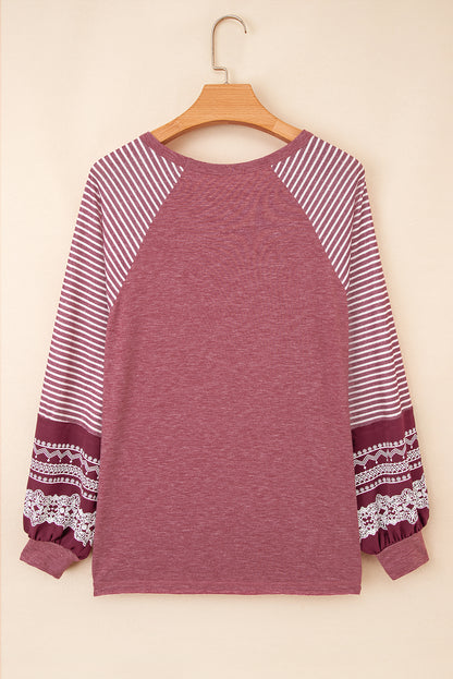 Navy Blue Contrast Print Striped Raglan Long Sleeve Loose Top