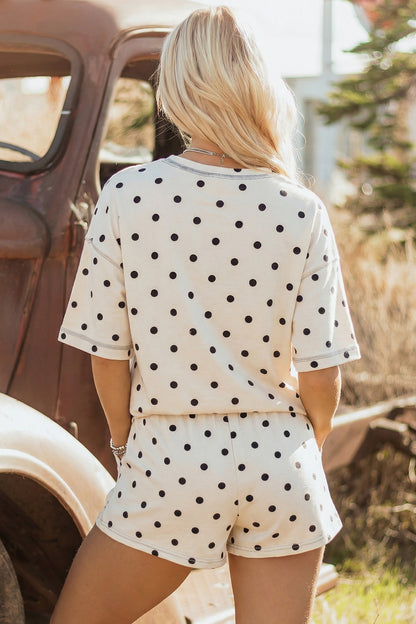 Black Exposed Seam Detail Polka Dot Loose Tee Drawstring Shorts Set