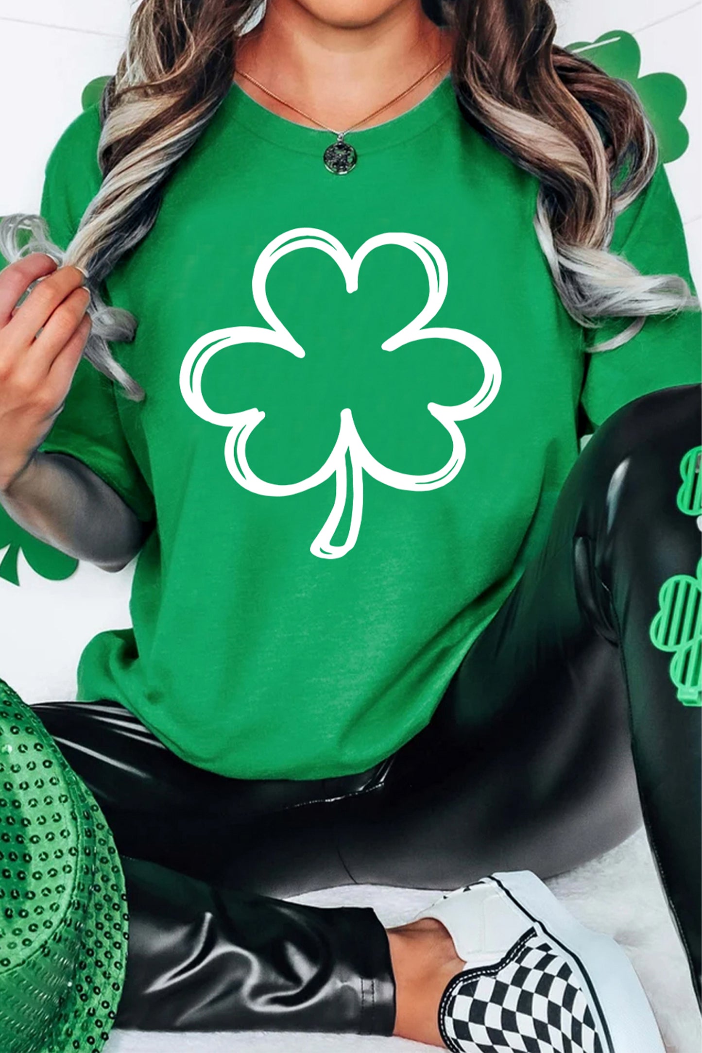 Bright Green St Patricks Day Lucky Shamrock Printed Casual Tee