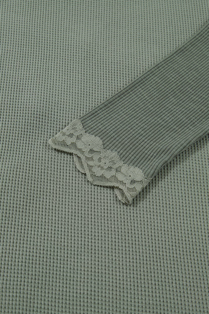Sage Green Solid Color Waffle Ribbed Lace Patchwork Long Sleeve Top