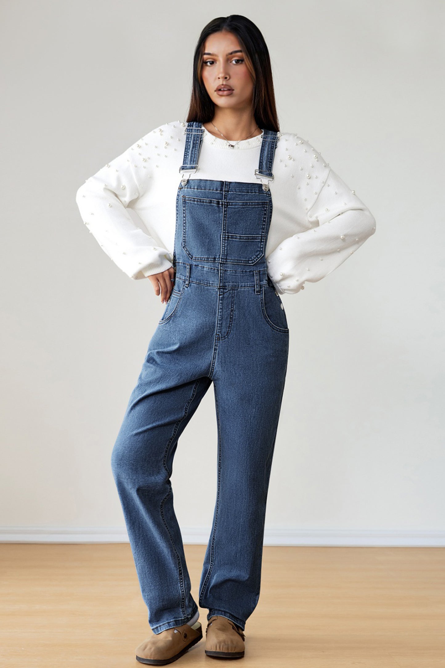 Dark Blue Retro Bib Pocket Buckle Straps Casual Denim Jumpsuit
