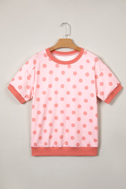 Pink Color Block Trim Polka Dot Casual Tee