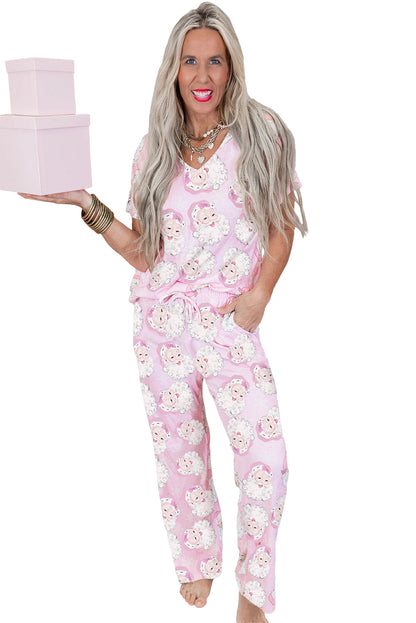 Pink Santa Claus Print V Neck Tee Drawstring Pants 2pcs Lounge Set