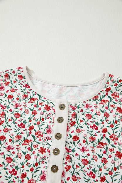 Sky Blue Floral Print Gauze Patchwork Henley Button 3/4 Sleeve Blouse