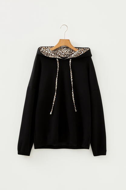 Jet Stream Leopard Contrast Drawstring Hood Drop Shoulder Loose Top