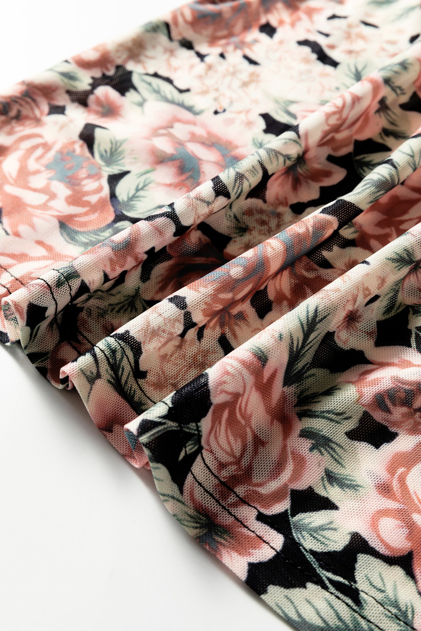 Black Retro Floral Print Mock Neck Mesh Long Sleeve Top