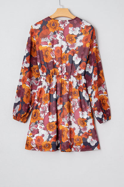 Red Floral Print Wrap V Neck Puff Sleeve Flowy Mini Dress