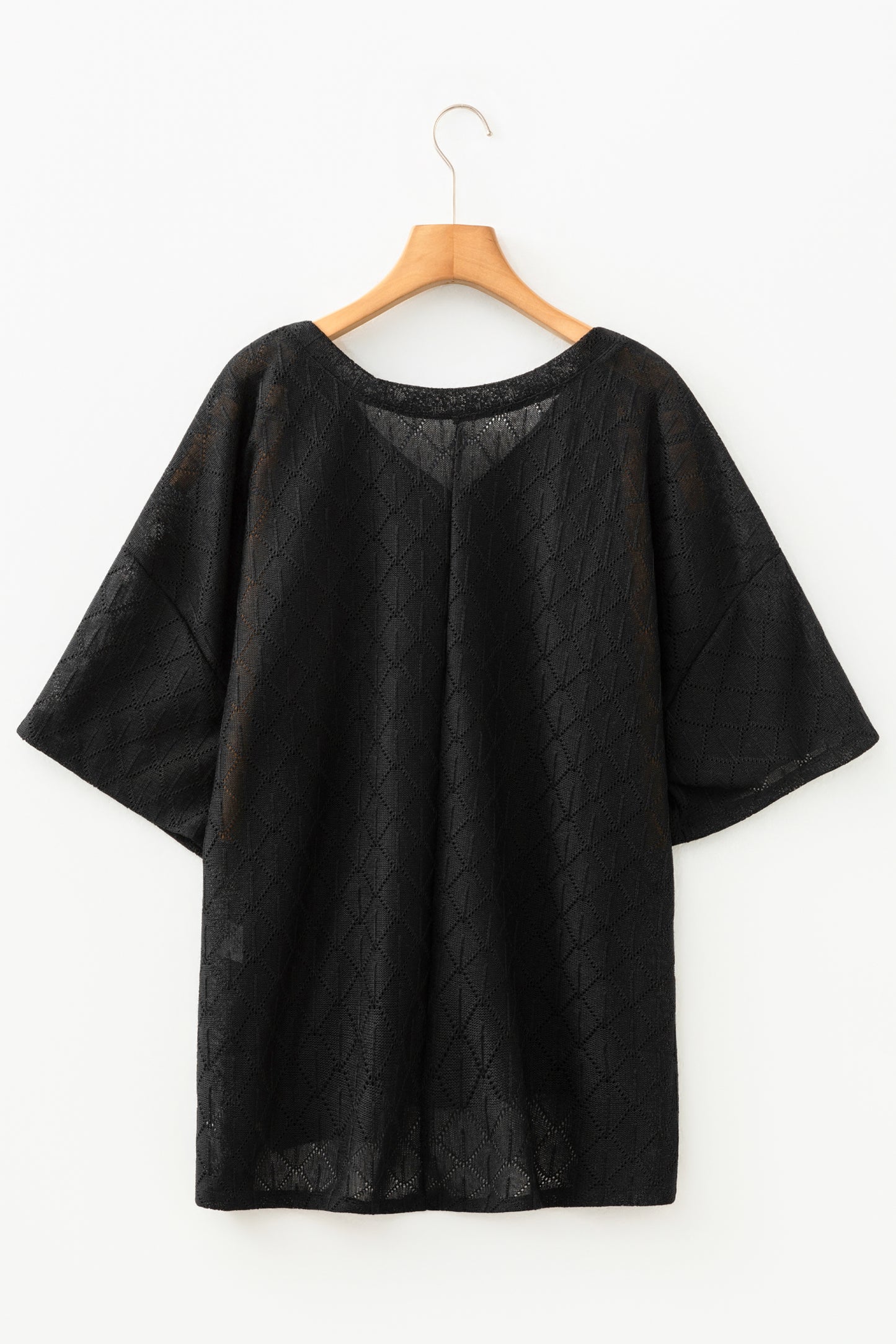 Sky Blue Pointelle Rhombus Knit Plus Size V Neck Loose Top