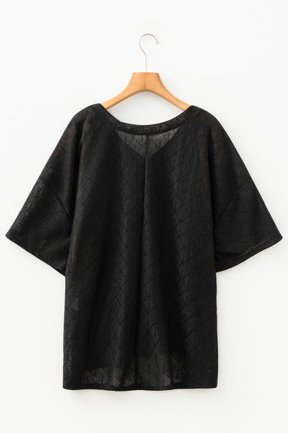 Sky Blue Pointelle Rhombus Knit Plus Size V Neck Loose Top