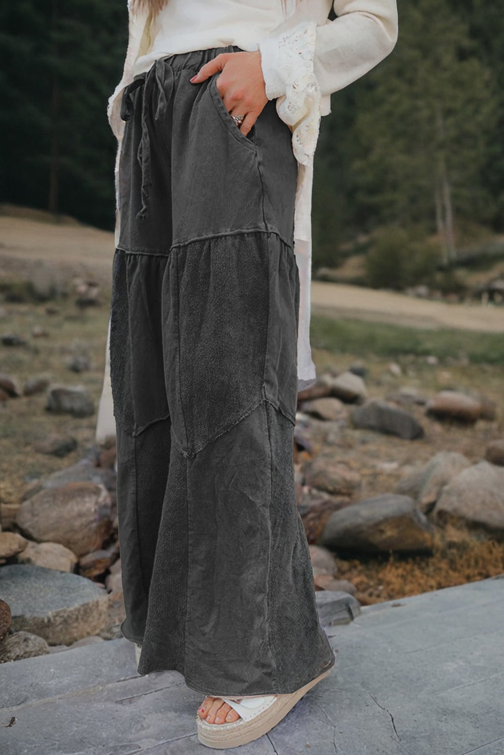 Vineyard Green Mineral Wash Tiered Wide Leg Patchwork Drawstring Pants