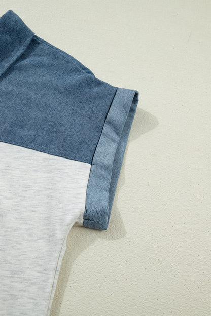 Light Grey Color Block Denim Patchwork Button Polo Collar Short Sleeve Top
