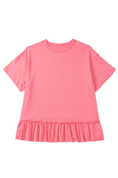Peach Blossom Solid Color Raw Seam Detail Ruffle Hem Plus Size T Shirt