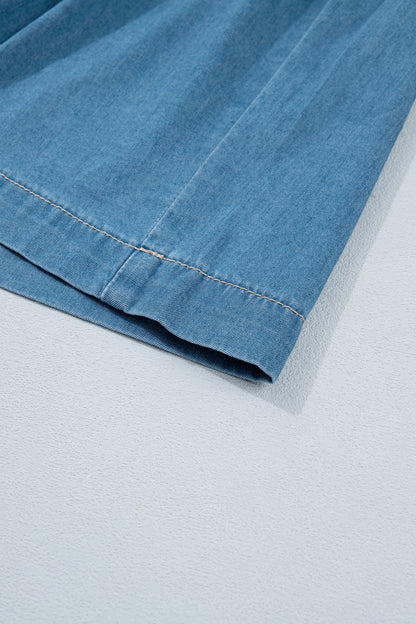 Sky Blue Half Buttons Pleated High Waist Denim Mini Skirt with Drawstring