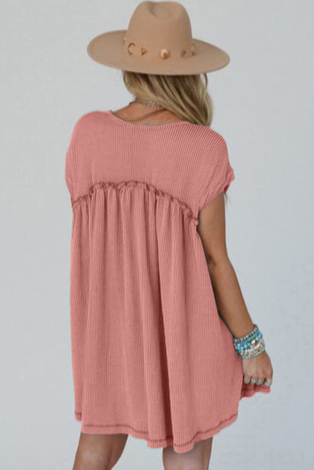 Canton Corded Knit Textured Patched Pocket Frilled Swing Mini Dress with Pockets