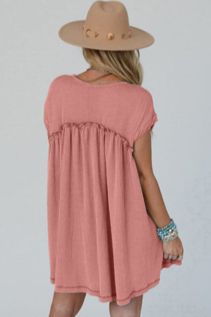 Canton Corded Knit Textured Patched Pocket Frilled Swing Mini Dress with Pockets