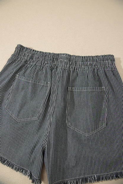 Black Stripe Raw Edge Drawstring Elastic Waist Casual Denim Shorts