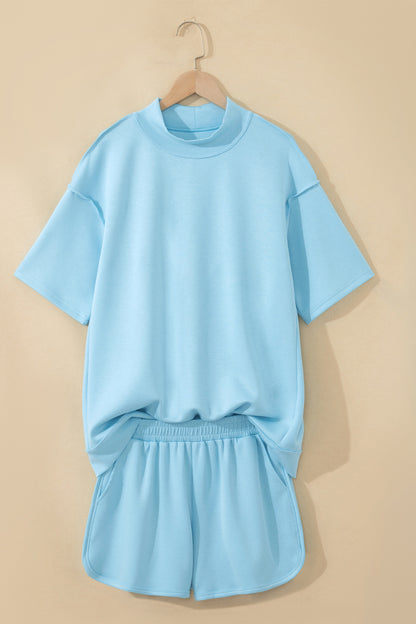 Moonlight Jade Solid Color Exposed Seam Mock Neck Oversize Tee Casual Shorts 2pcs Outfit