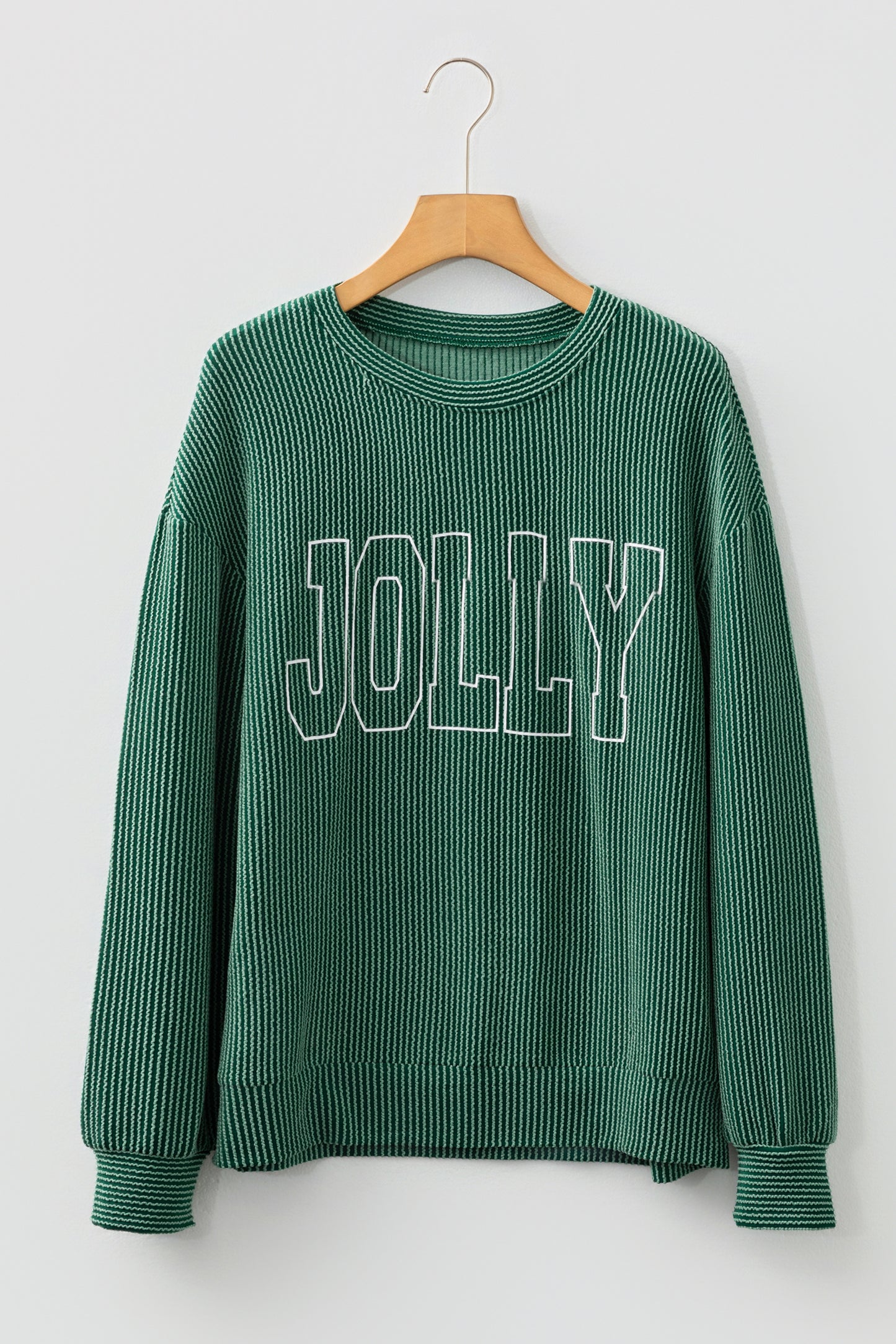 Black Twisted Rib Outlined Merry Letter Graphic Loose Long Sleeve Top