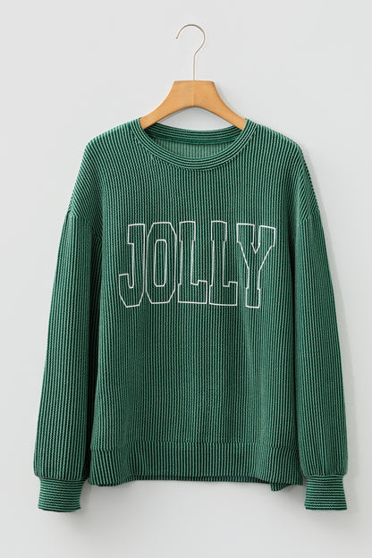 Black Twisted Rib Outlined Merry Letter Graphic Loose Long Sleeve Top