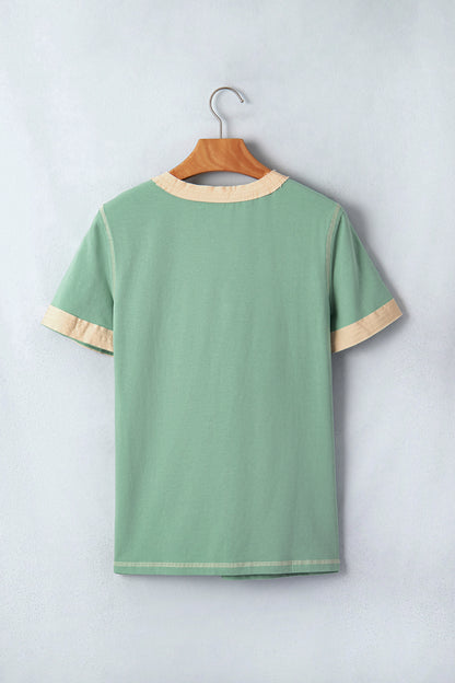 Light Grey Raw Seam Color Block Detail Buttoned Henley Tee