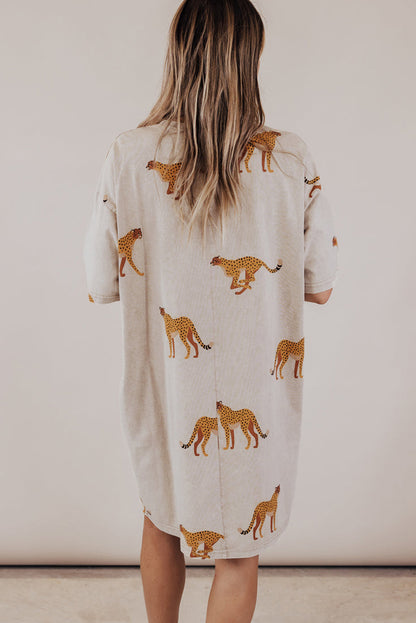 Apricot Plus Size Cheetah Print Side Pockets T Shirt Mini Dress