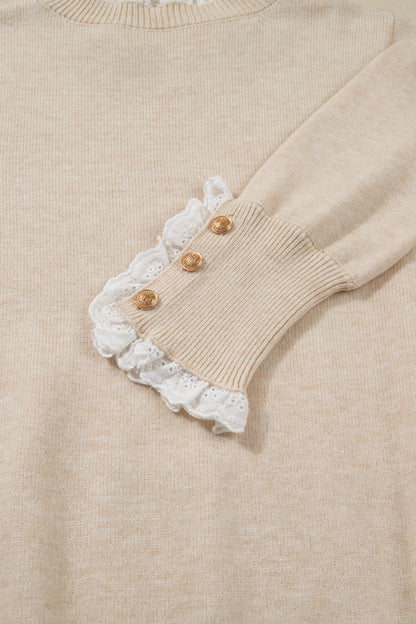 Jet Stream Lace Trim Patchwork Buttoned Cuffs Loose Sweater