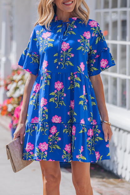 Blue V Neck Short Sleeve Loose Flower Dress