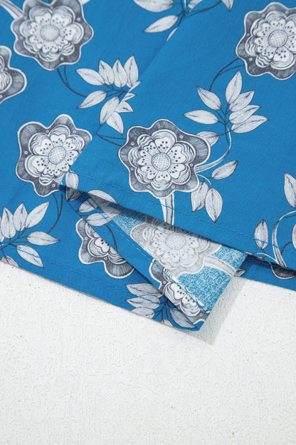 Blue Retro Floral Print Striped Trim Button Neck Short Sleeve Blouse
