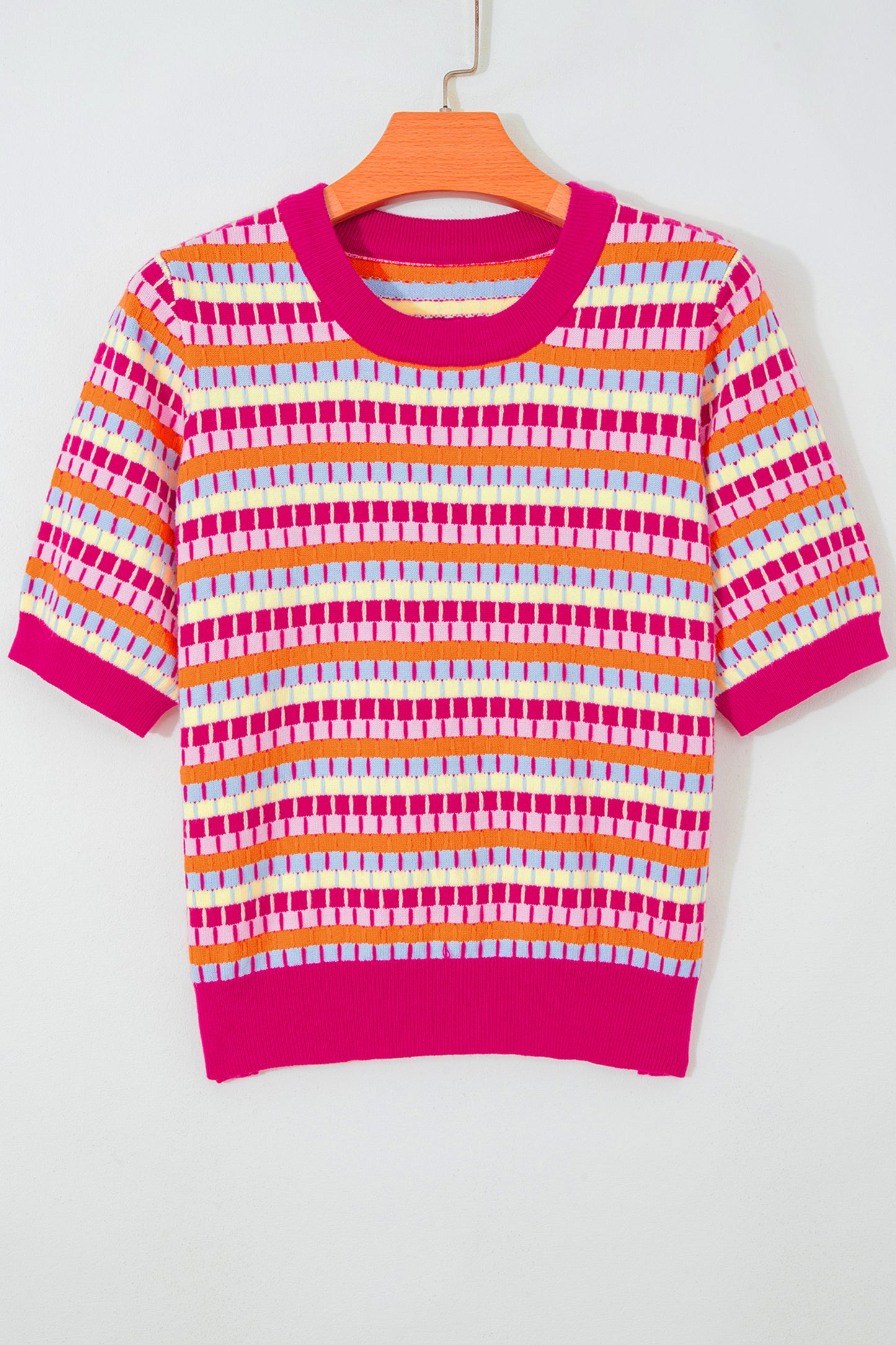 Orange Abstract Striped Knit Short Sleeve Sweater