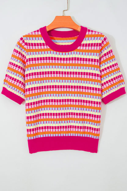 Orange Abstract Striped Knit Short Sleeve Sweater