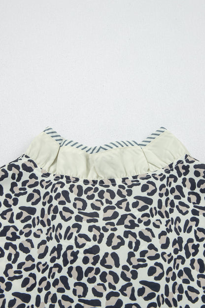 Black Plus Leopard Print Striped Color Block Trim Frilled V Neck Short Sleeve Blouse