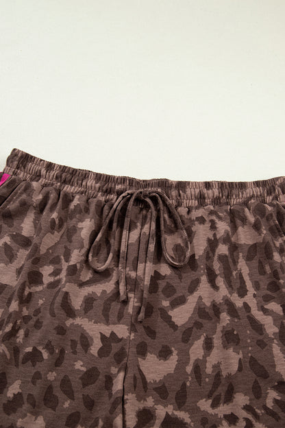 Brown Retro Leopard Print Contrast Varsity Stripe Trim Plus Size 2pcs Short Set