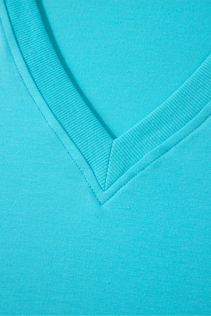 Mint Green Solid Color V Neck Short Puff Sleeve Blouse
