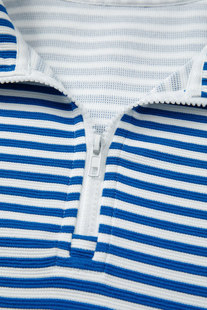 Green Stripe Quarter Zip Collar Pullover Long Sleeve Top