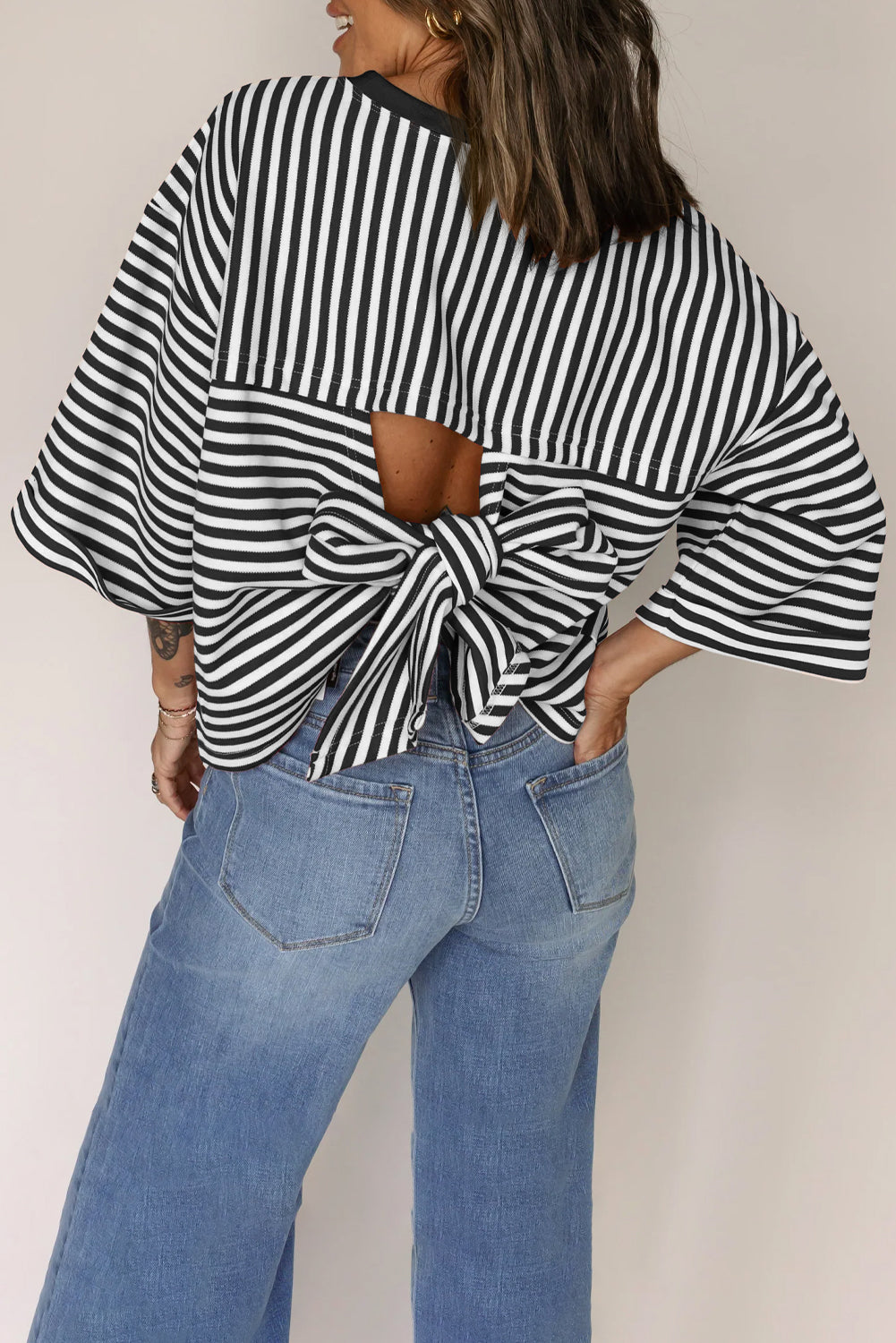 Red Stripe Bowknot Cutout Back Drop Shoulder Wide Bracelet Sleeve Loose Tee