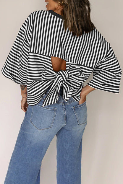 Red Stripe Bowknot Cutout Back Drop Shoulder Wide Bracelet Sleeve Loose Tee