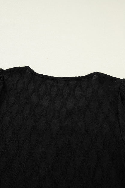 Beau Blue Solid Color Textured Notched Neck Puff Sleeve Blouse
