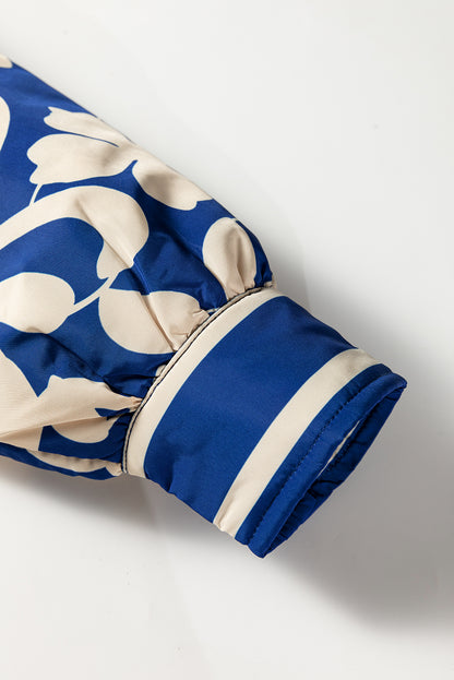 Blue Flower Print Open Front Buttoned Cuffs Elegant Jacket