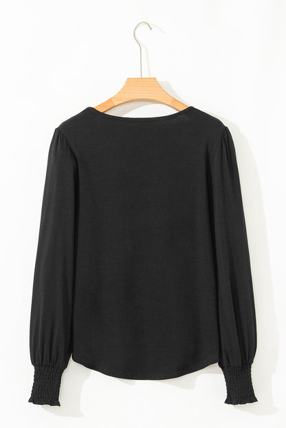 Sky Blue Shirred Shoulder Frilled Cuffs Long Sleeve Top
