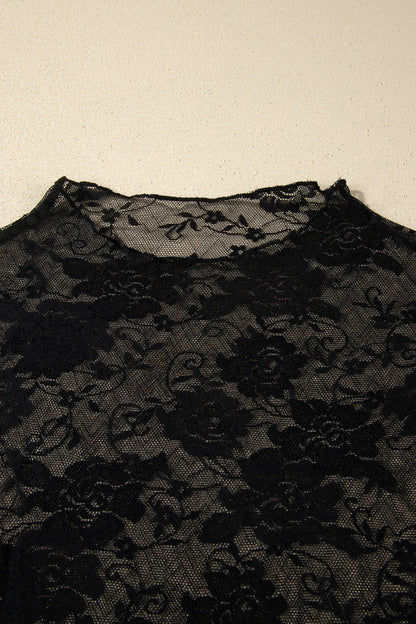 Black Plus Size Floral Mesh Long Sleeve Top