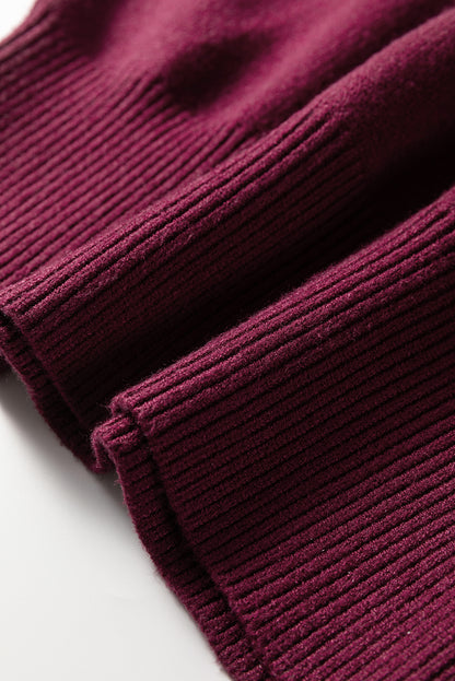 Burgundy Contrast Trim V Neck Cuffed Short Sleeve Loose Sweater