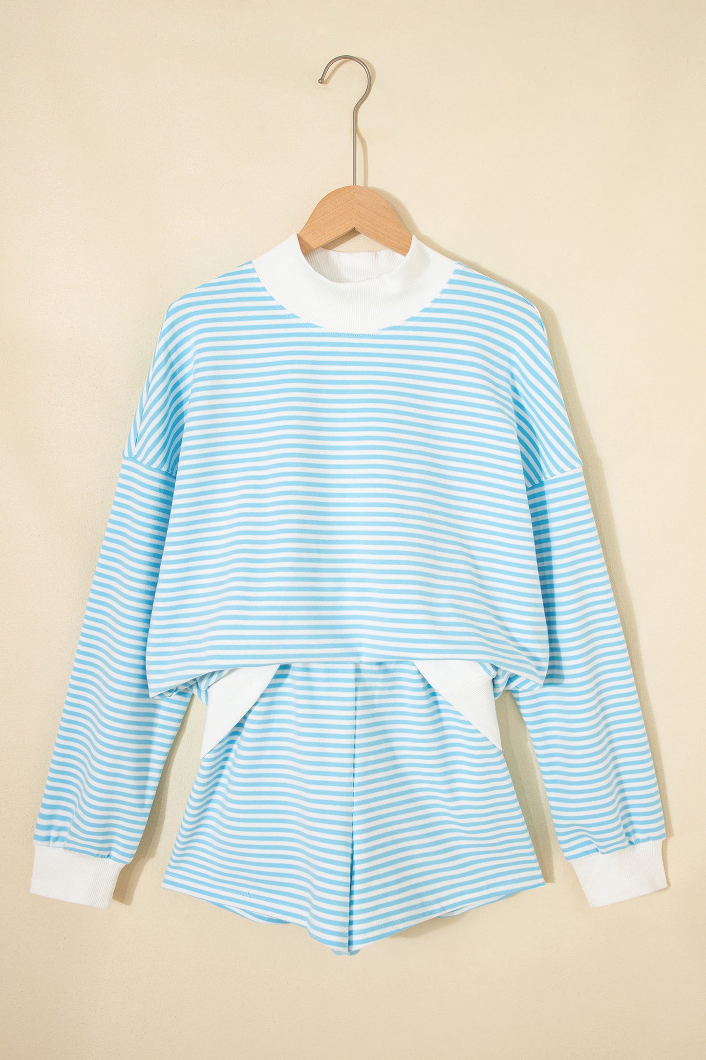 Sky Blue Stripe Oversize Mock Neck Sweatshirt and Shorts Set