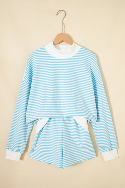 Sky Blue Stripe Oversize Mock Neck Sweatshirt and Shorts Set