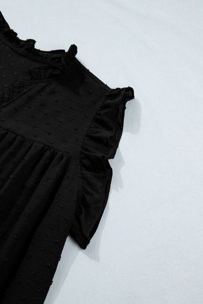 Black Plus Size Swiss Dot Ruffle Lace Trim V Neck Tank Top